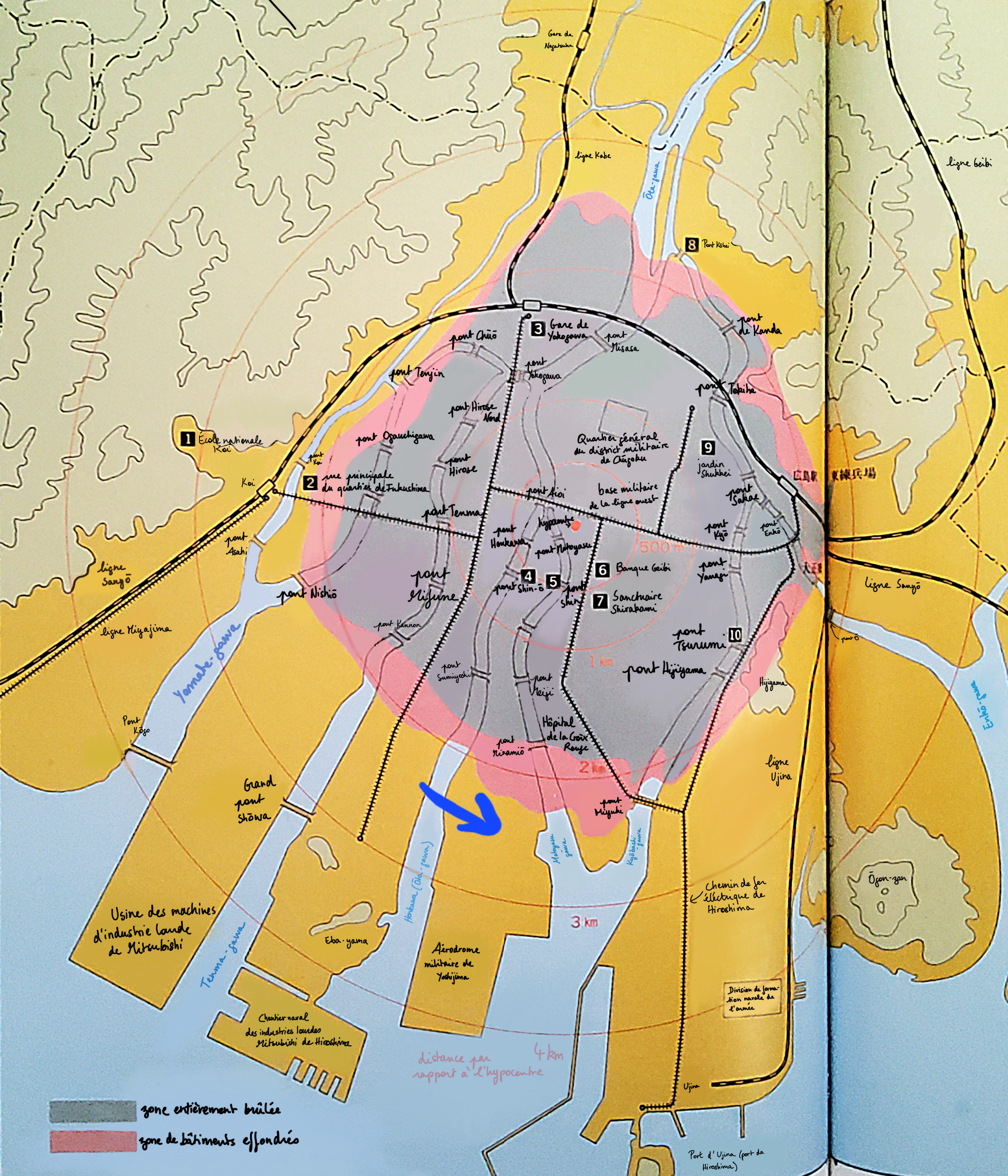 Carte qui montre où se trouvait Watanabe Akie le 6 août 1945 à 8 h 15 du matin, à 2 300 mètres de l'hypocentre, à l'aérodrome militaire de Yoshijima