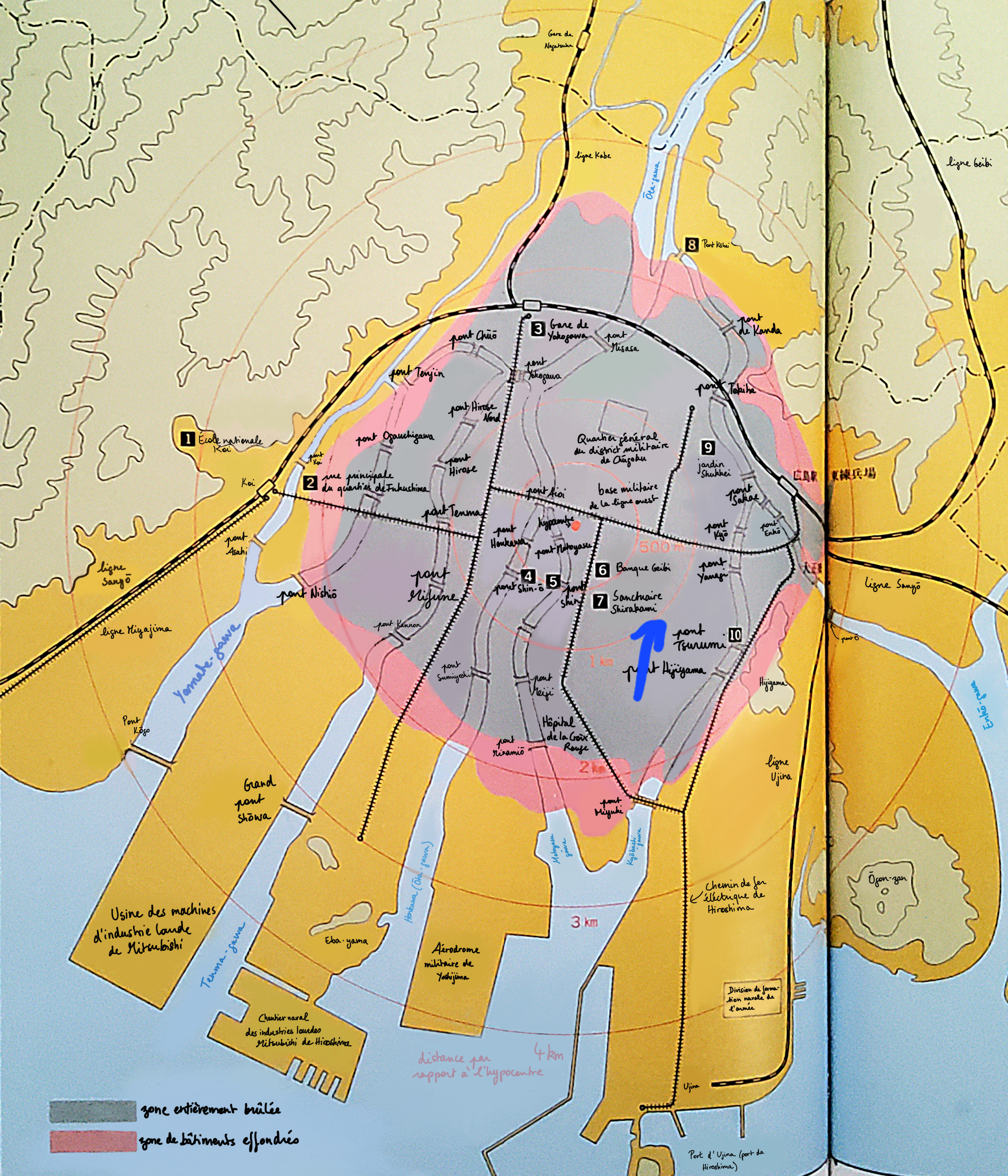 Emplacement approximatif de Ishigai Ryūji le matin du 6 août, dans la zone entièrement brûlée et effondrée