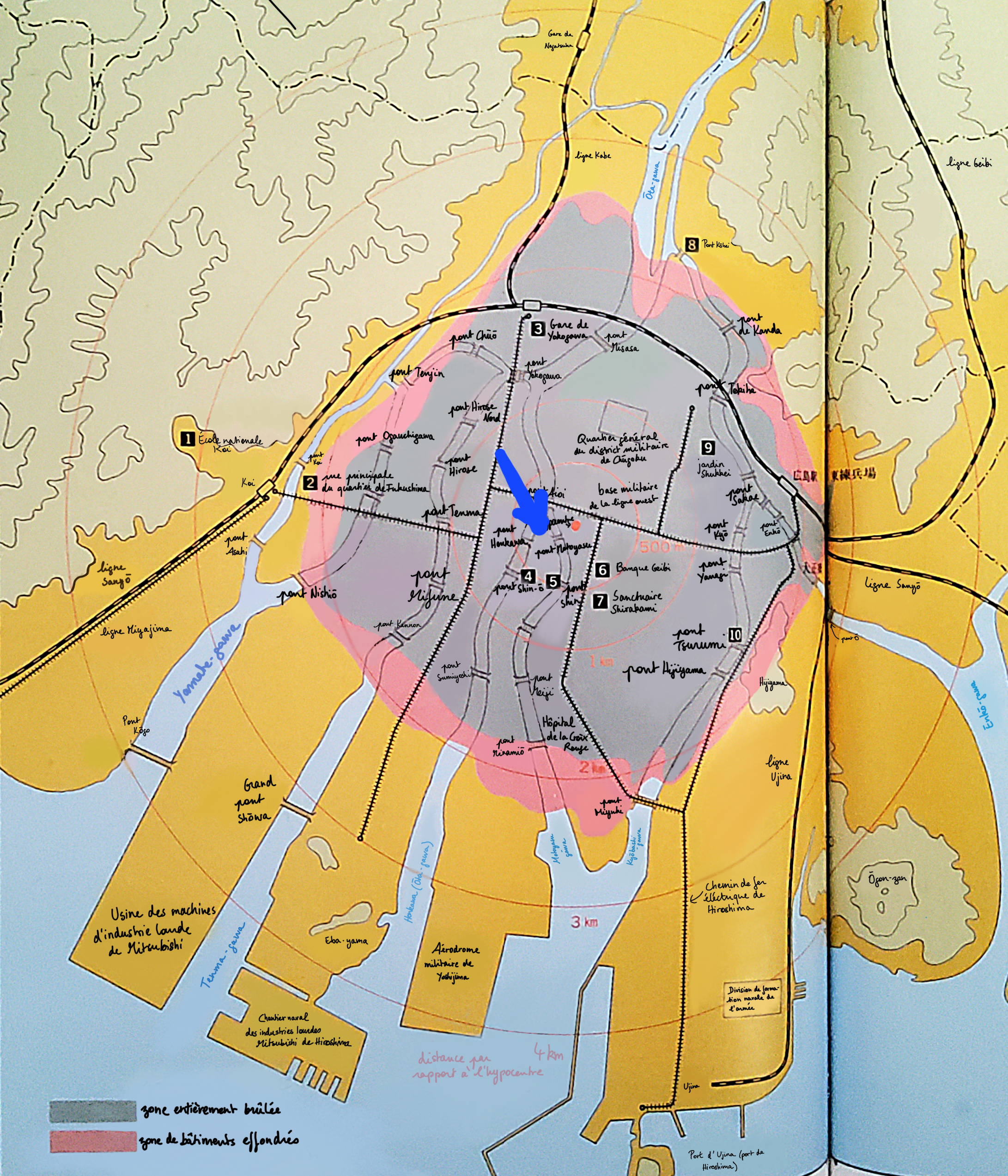 Carte qui montre l'emplacement de la scène décrite par Ogawa Sagami le 8 août, très proche de l'hypocentre