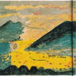 Peinture aux tons bleus, jaunes et oranges repr&eacute;sentant une vue plongeante sur Nagasaki, la mer &agrave; gauche. Toute la vall&eacute;e est baign&eacute;e dans les flammes.