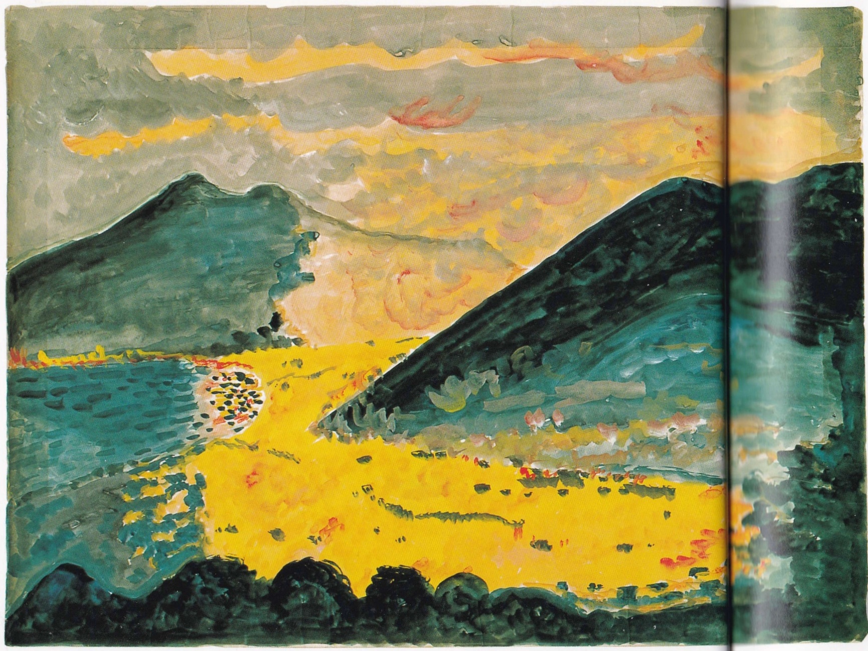 Peinture aux tons bleus, jaunes et oranges représentant une vue plongeante sur Nagasaki, la mer à gauche. Toute la vallée est baignée dans les flammes.