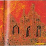 Un b&acirc;timent en ruines dont il ne reste que quelques murs &agrave; moiti&eacute; &eacute;croul&eacute;s, pris dans un f&eacute;roce incendie (toute la feuille est remplie de couleurs rouge/orange