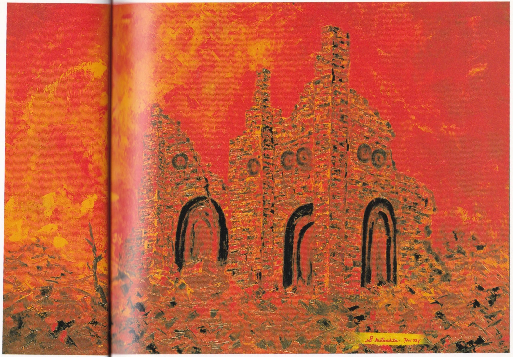 Un bâtiment en ruines dont il ne reste que quelques murs à moitié écroulés, pris dans un féroce incendie (toute la feuille est remplie de couleurs rouge/orange